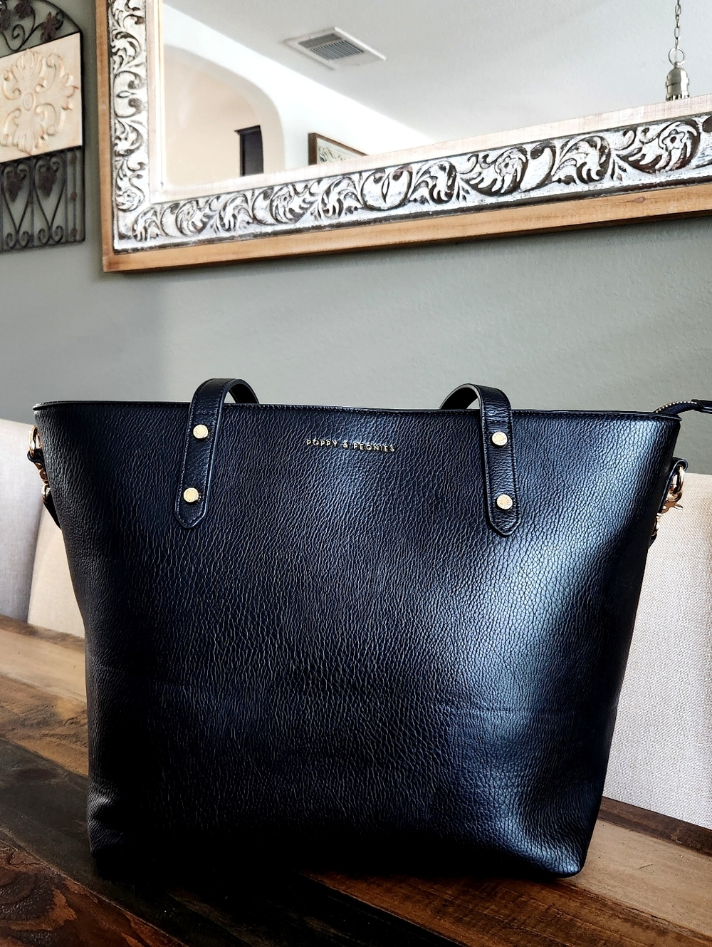 Poppy And Peonies Black Pebbled Leather Tote with Gold Hardware